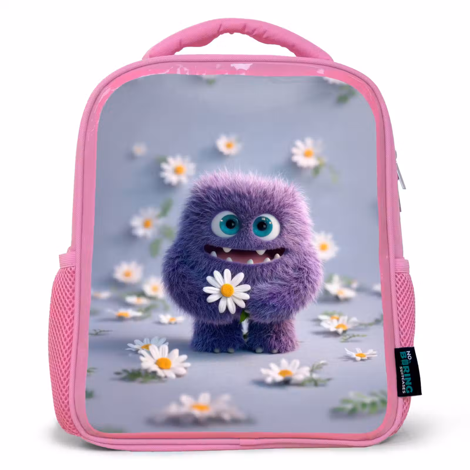 Rugzak kind - roze - Lief paars pluismonster met madeliefje — 1
