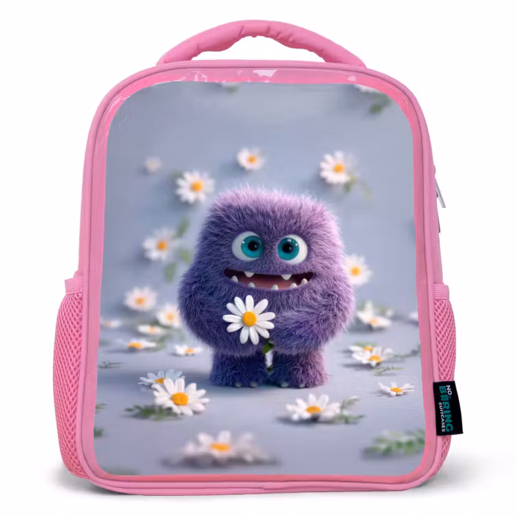 Rugzak kind - roze - Lief paars pluismonster met madeliefje — 1