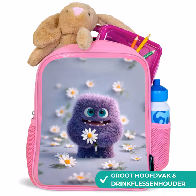 Rugzak kind - roze - Lief paars pluismonster met madeliefje — 2