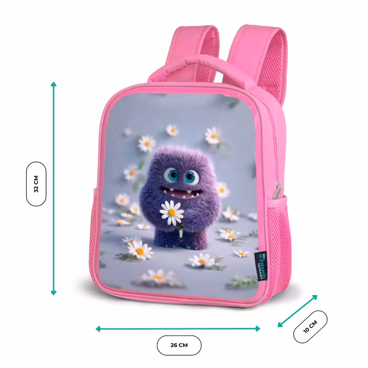 Rugzak kind - roze - Lief paars pluismonster met madeliefje — 3