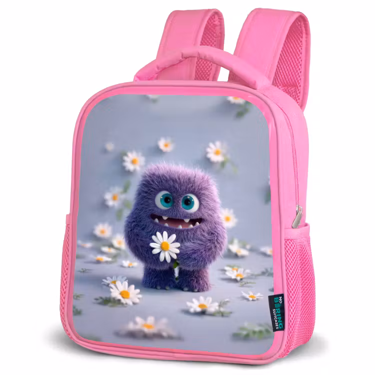 Rugzak kind - roze - Lief paars pluismonster met madeliefje — 4