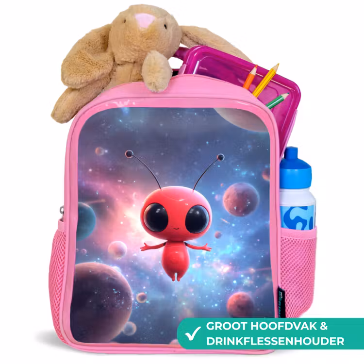 Rugzak kind - roze - Rood buitenaards wezentje zwevend in kleurrijke kosmos — 2