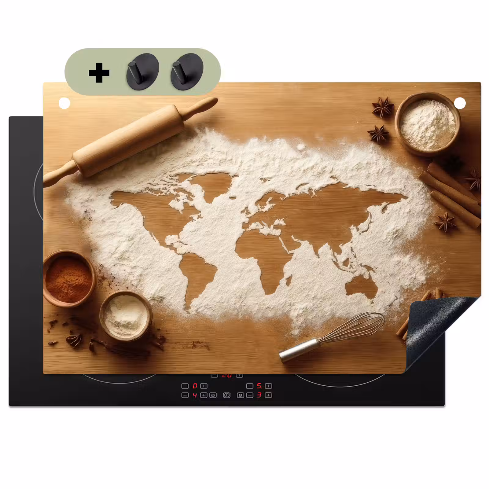Inductie beschermer en spatscherm (2in1) - Hout - Wereldkaart - Bakken - Keuken — 1