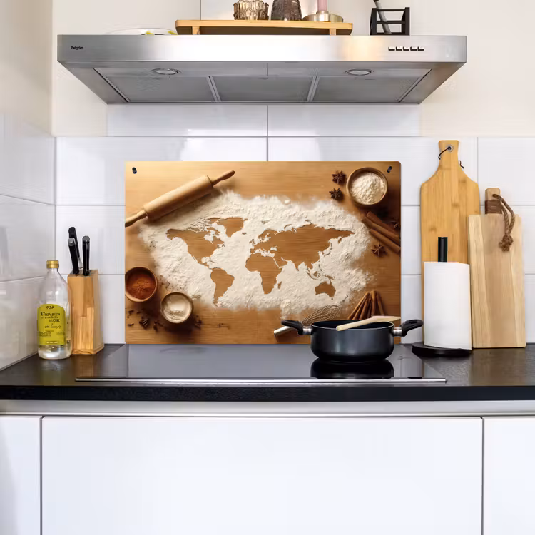 Inductie beschermer en spatscherm (2in1) - Hout - Wereldkaart - Bakken - Keuken — 2