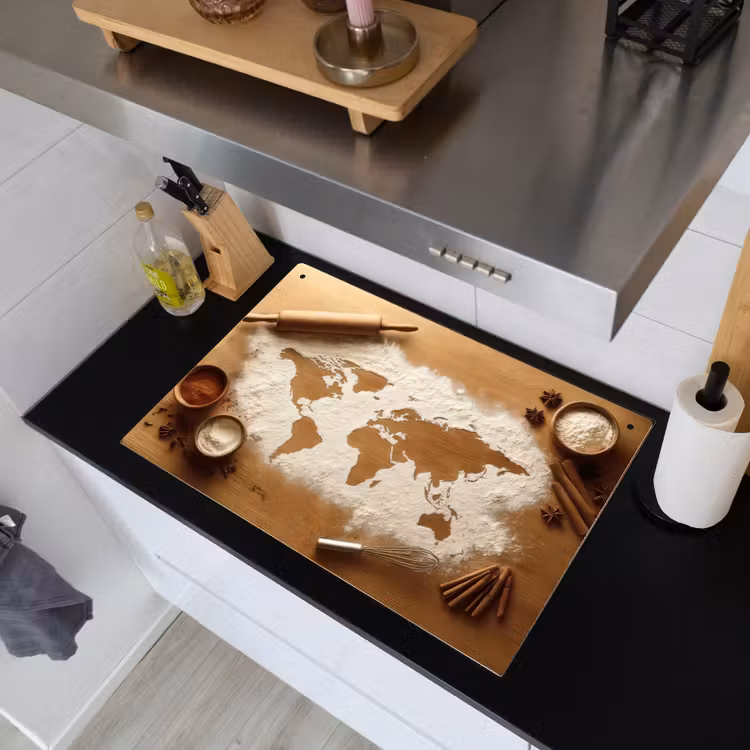 Inductie beschermer en spatscherm (2in1) - Hout - Wereldkaart - Bakken - Keuken — 3