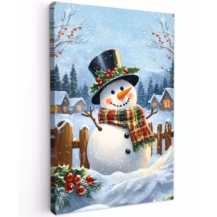 Buiten canvas - Sneeuwpop - Winterdorp - Kleurrijk — 1