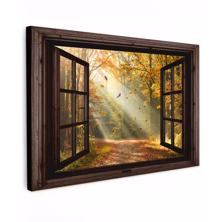Buiten canvas - Bos - Bomen - Herfst - Zon - Herfstbladeren - Natuur - Doorkijk — 1