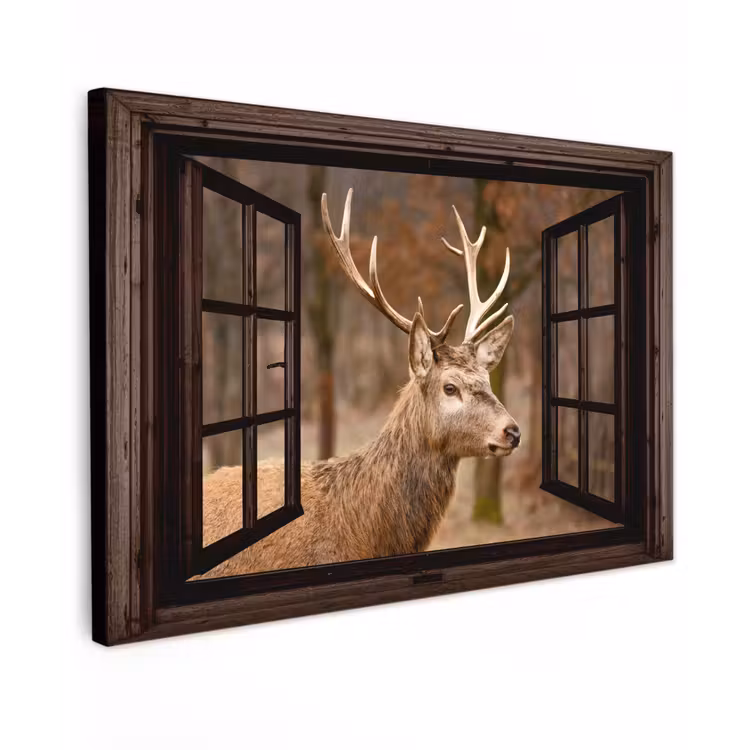 Buiten canvas - Hert - Dier - Bos - Herfst - Hertenkop - Bruin - Doorkijk — 1