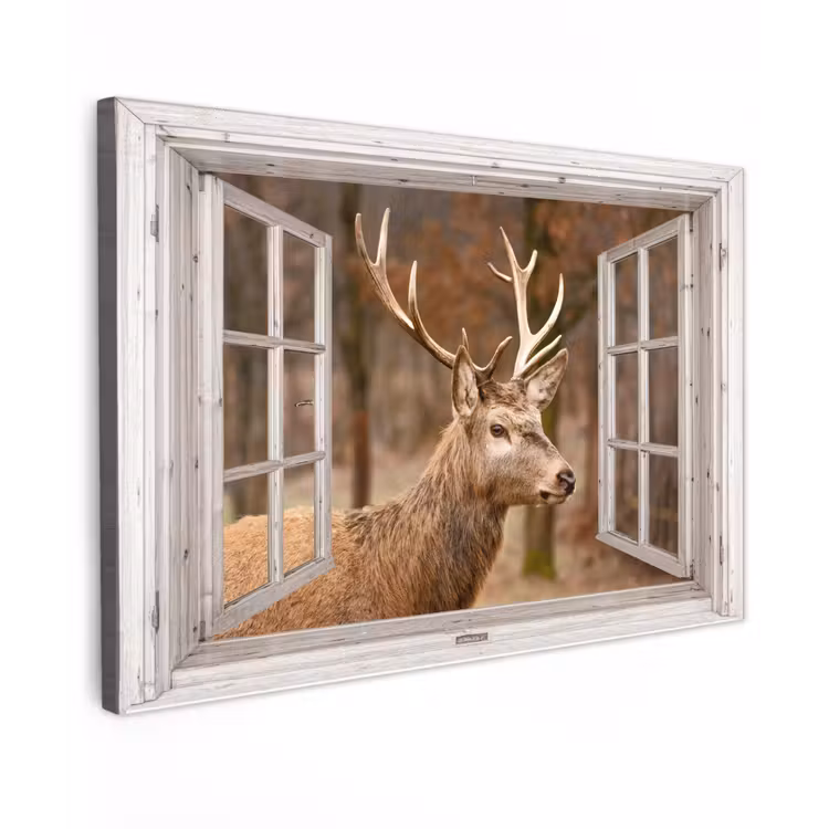 Buiten canvas - Hert - Dier - Bos - Herfst - Hertenkop - Bruin - Doorkijk — 1