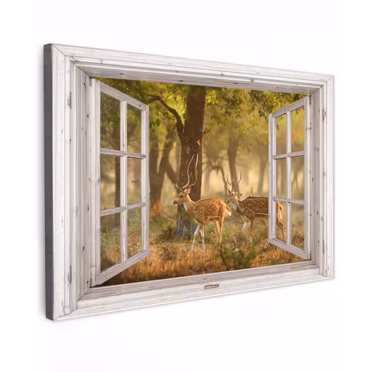 Buiten canvas - Herten - Bos - Herfst - Bosdieren - Natuur - Hert - Doorkijk — 1