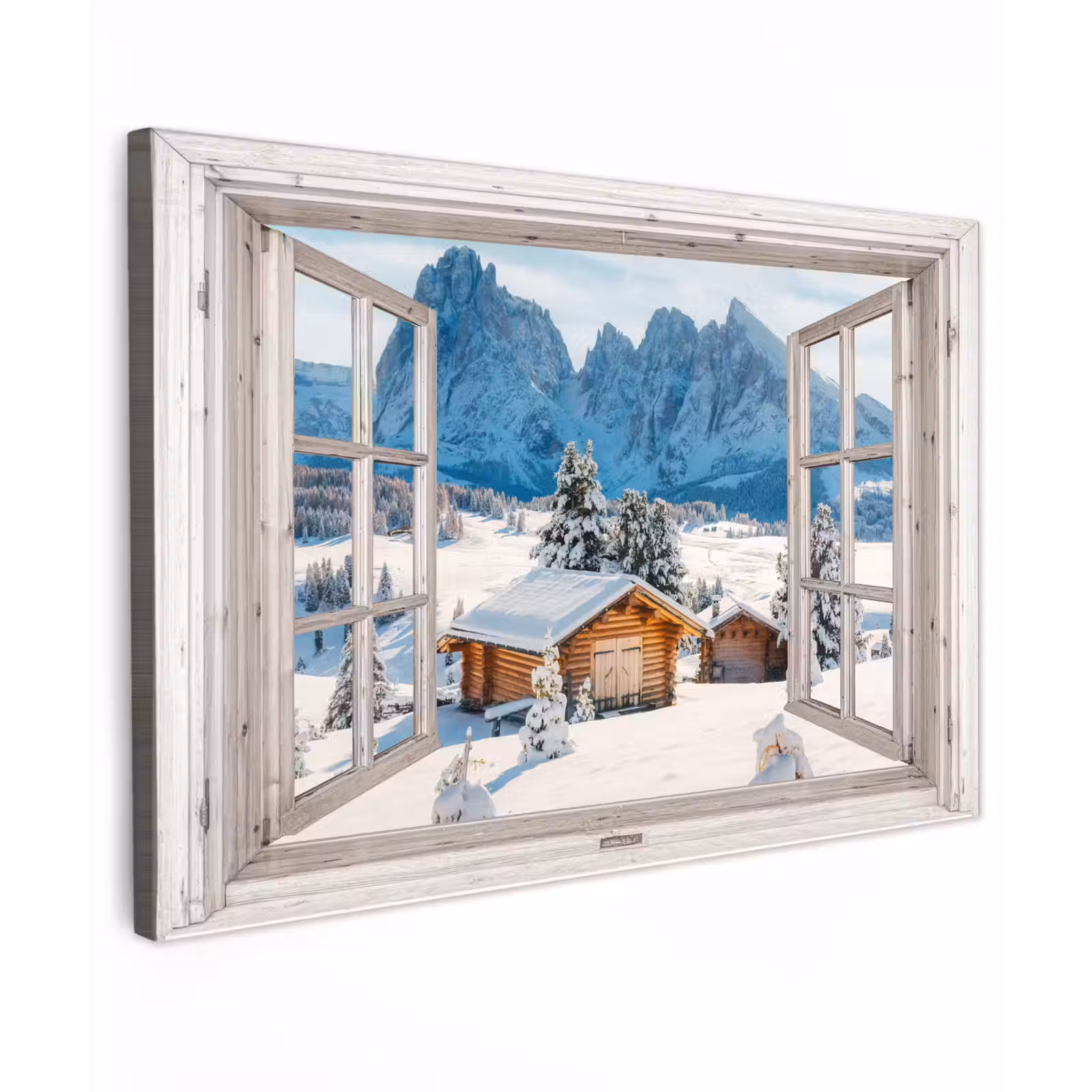 Buiten canvas - Winterlandschap - Huisje - Bergen - Uitzicht - Doorkijk - Natuur — 1