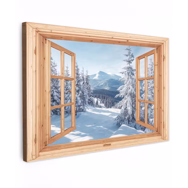 Buiten canvas - Doorkijk - Winterlandschap - Natuur - Berg - Bomen - Hout — 1