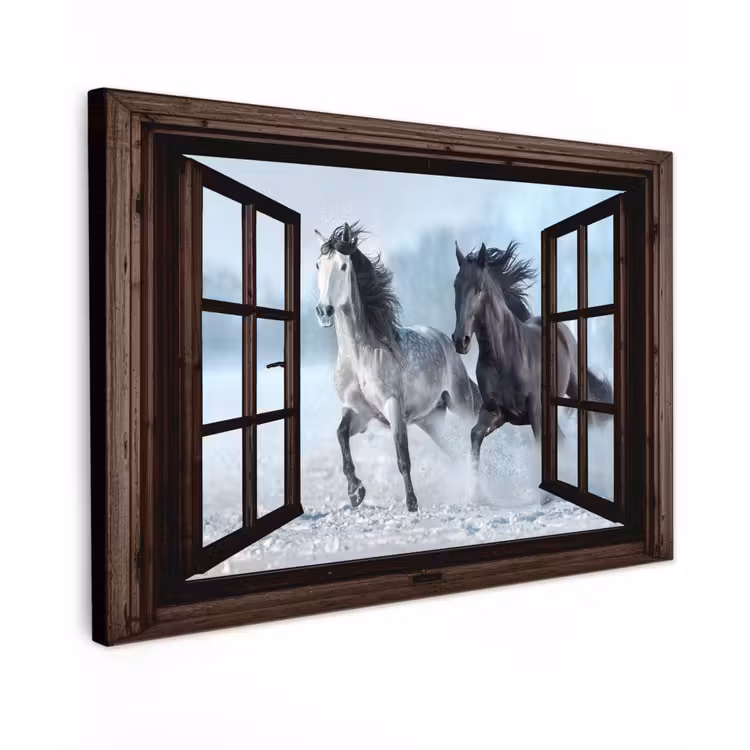 Buiten canvas - Paarden - Winter - Dieren - Natuur - Doorkijk — 1