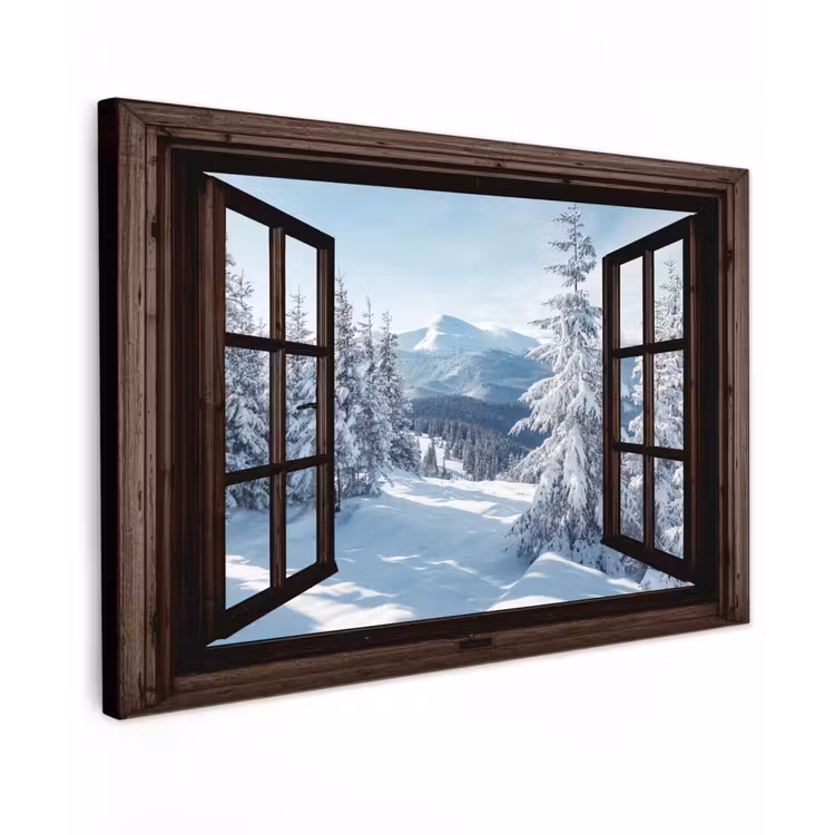 Buiten canvas - Winter - Landschap - Natuur - Berg - Bomen - Doorkijk - Uitzicht — 1