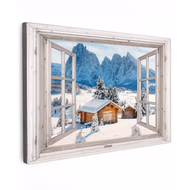 Buiten canvas - Winterlandschap - Huisje - Bergen - Uitzicht - Doorkijk - Natuur — 1