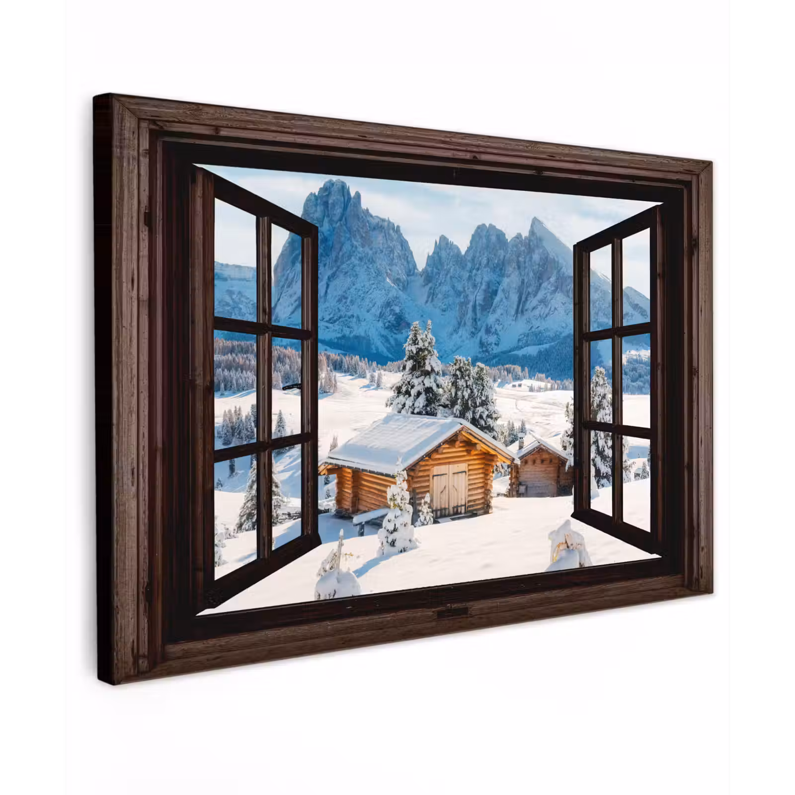 Buiten canvas - Doorkijk - Winter - Landschap - Huisje - Bergen — 1