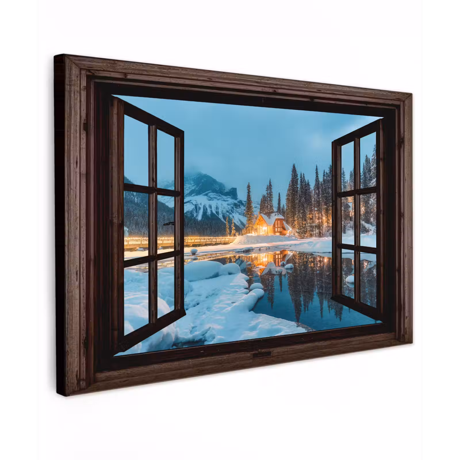 Buiten canvas - Doorkijk - Winter - Landschap - Natuur - Huis - Bergen — 1