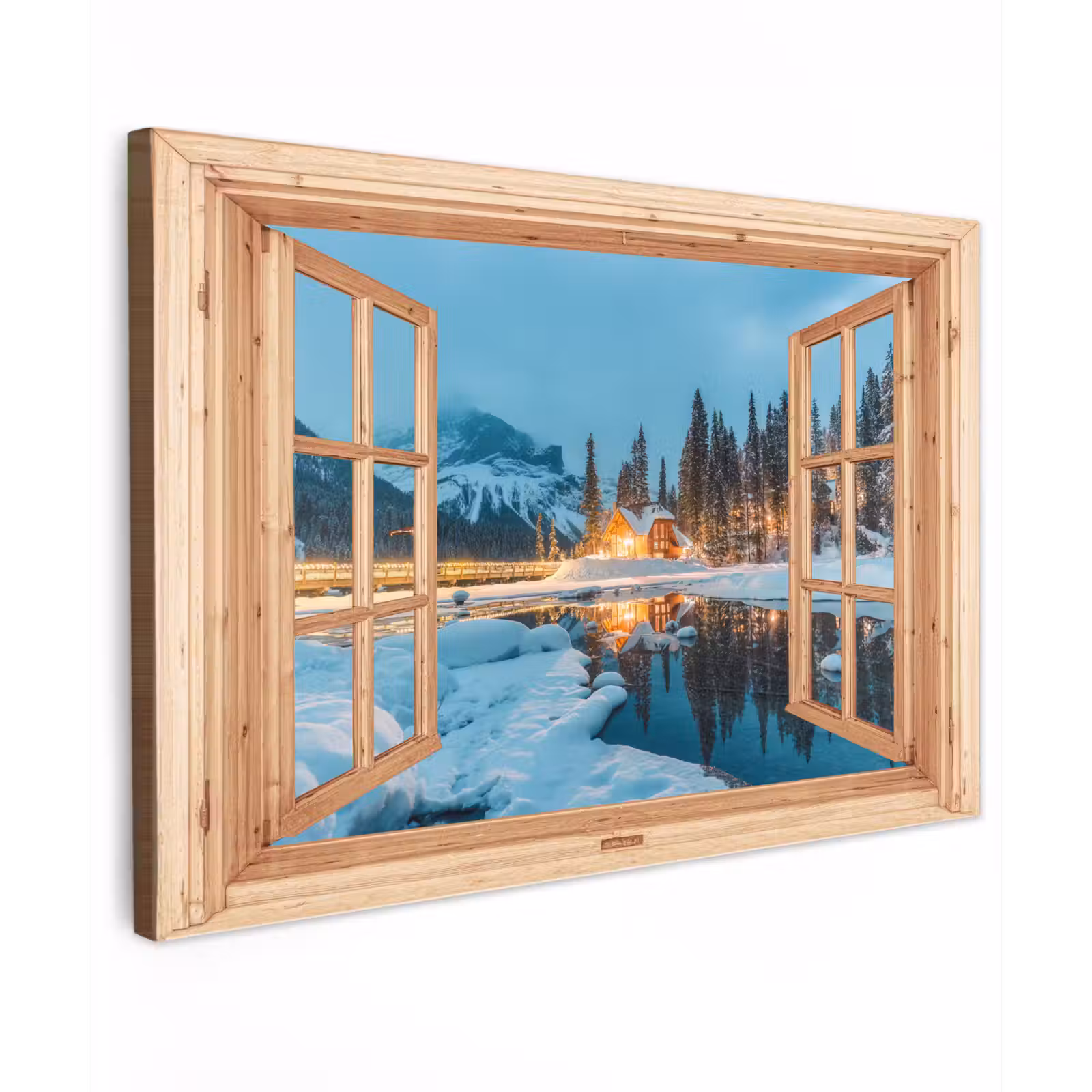 Buiten canvas - Winterlandschap - Natuur - Huis - Bergen - Doorkijk - Raam — 1