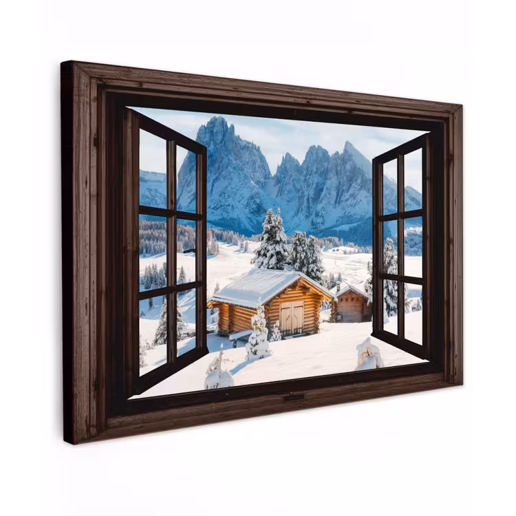 Buiten canvas - Doorkijk - Winter - Landschap - Huisje - Bergen — 1
