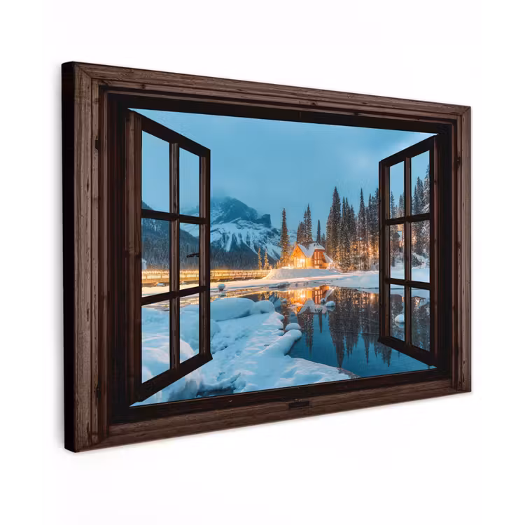 Buiten canvas - Doorkijk - Winter - Landschap - Natuur - Huis - Bergen — 1