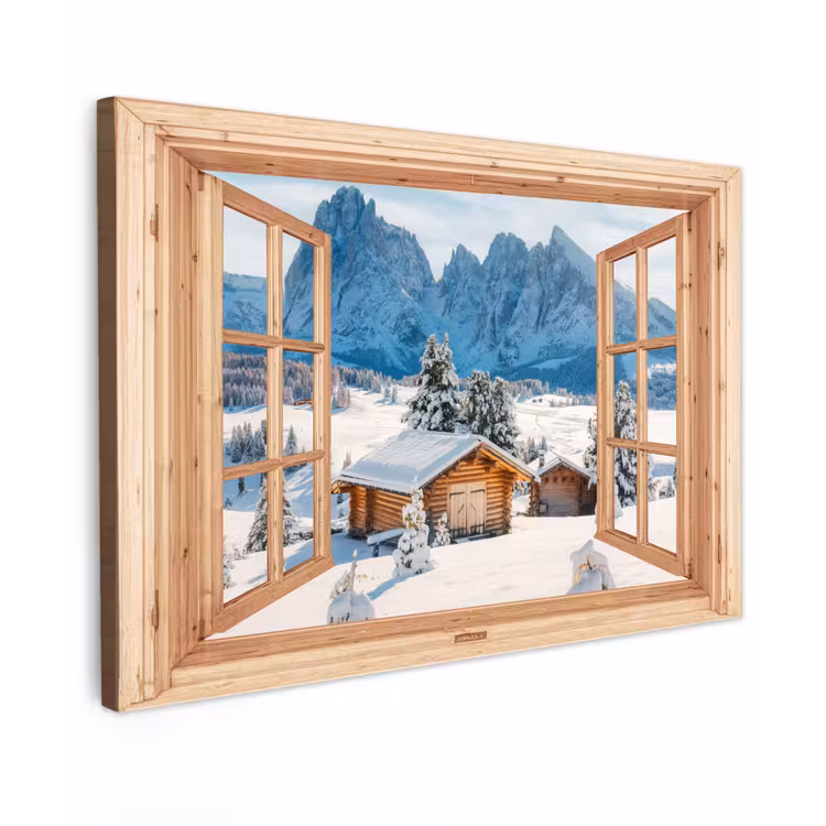 Buiten canvas - Doorkijk - Winterlandschap - Huisje - Bergen - Uitzicht — 1