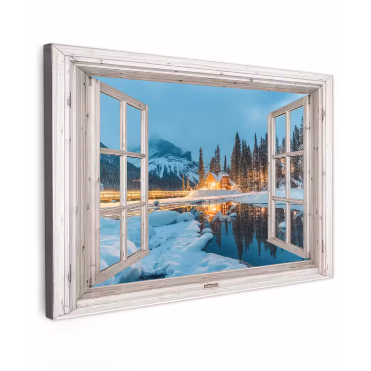 Buiten canvas - Doorkijk - Winterlandschap - Natuur - Huis - Bergen — 1