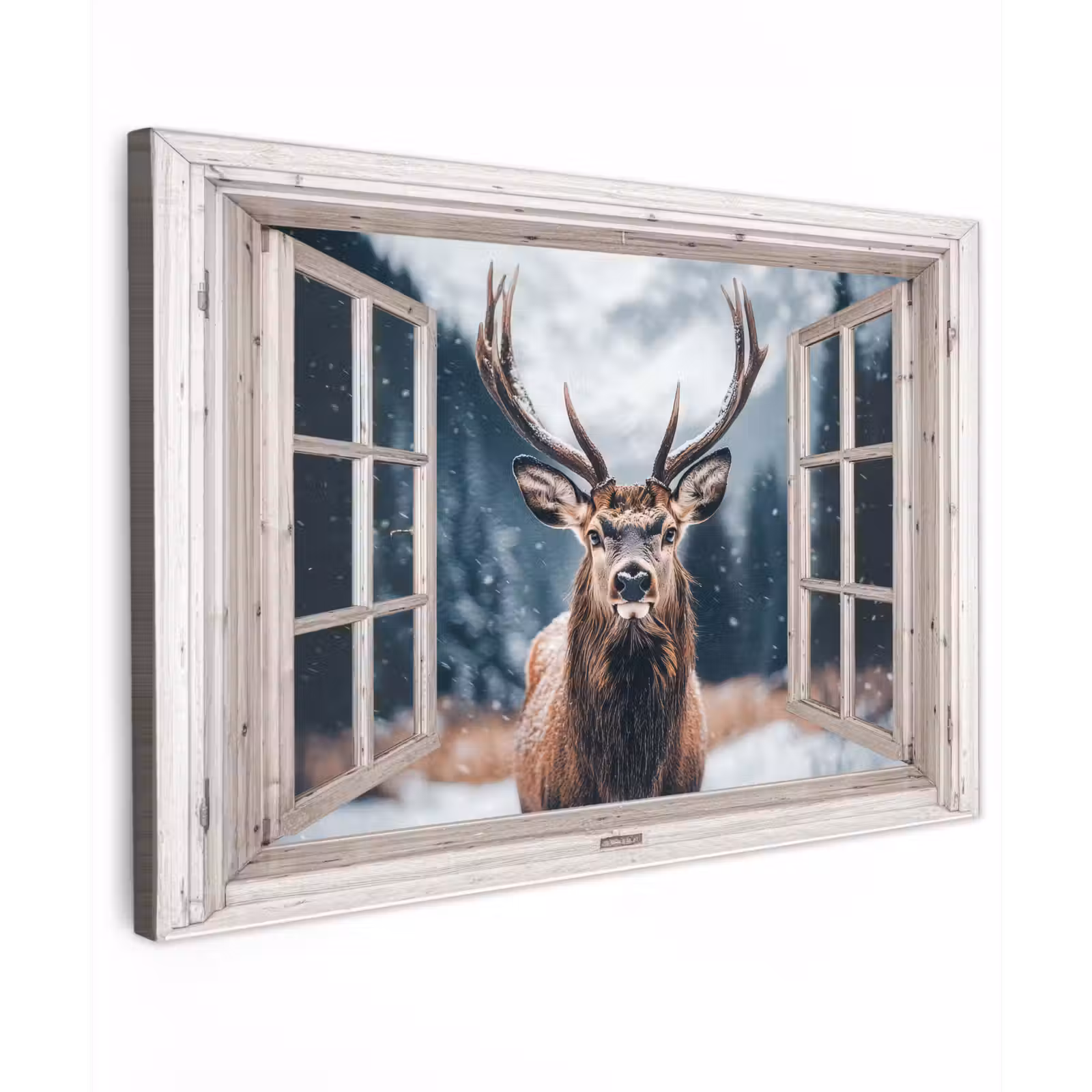 Buiten canvas - Hert - Dieren - Landschap - Winter - Sneeuw - Doorkijk - Natuur — 1