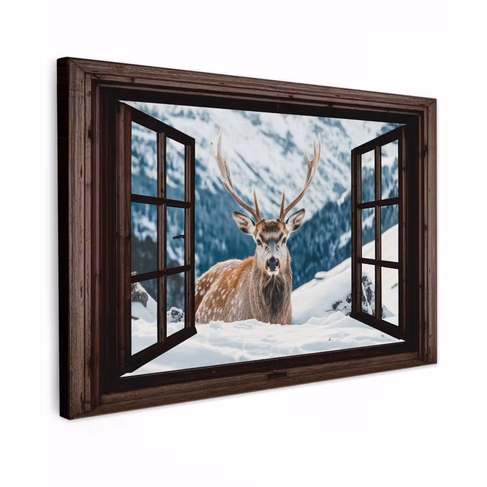 Buiten canvas - Hert - Landschap - Winter - Natuur - Dieren - Doorkijk - Bergen — 1