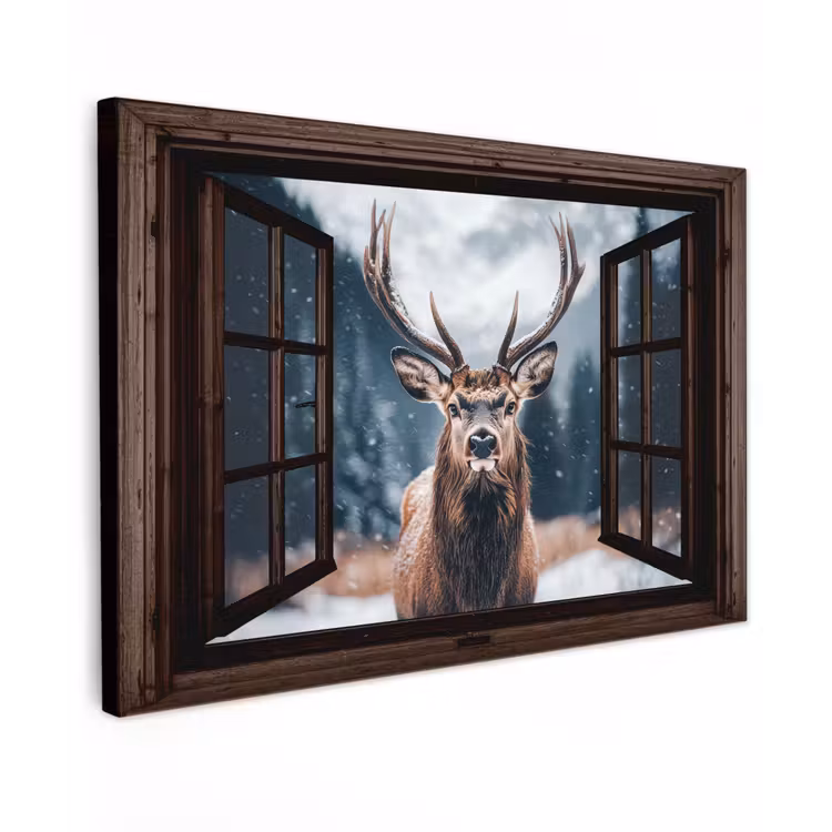 Buiten canvas - Doorkijk - Hert - Dieren - Landschap - Winter - Sneeuw - Landelijk — 1