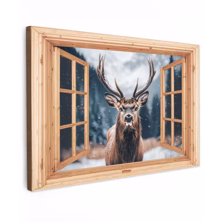 Buiten canvas - Doorkijk - Hert - Dieren - Winterlandschap - Sneeuw — 1