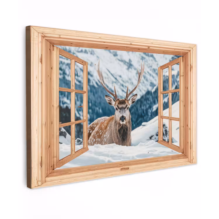 Buiten canvas - Doorkijk - Hert - Landschap - Winter - Natuur - Dieren - Bergen — 1