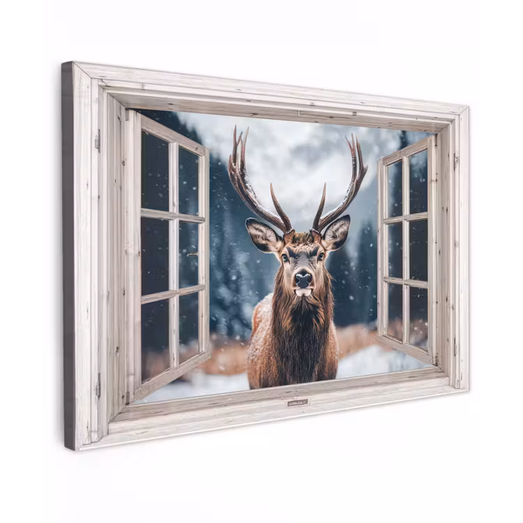 Buiten canvas - Hert - Dieren - Landschap - Winter - Sneeuw - Doorkijk - Natuur — 1