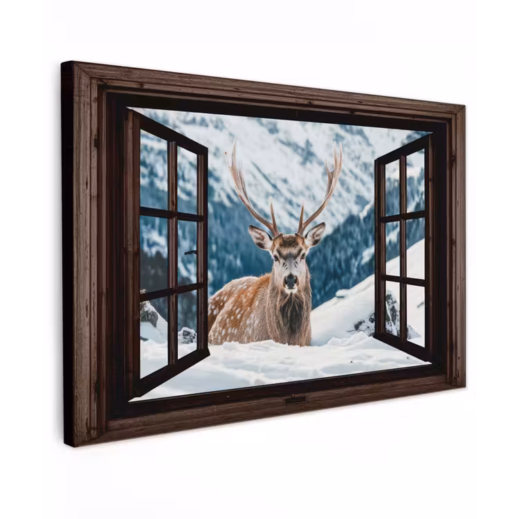Buiten canvas - Hert - Landschap - Winter - Natuur - Dieren - Doorkijk - Bergen — 1