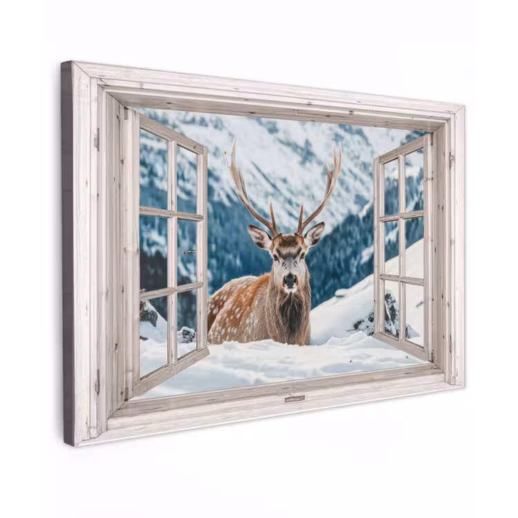 Buiten canvas - Hert - Winterlandschap - Natuur - Dieren - Doorkijk - Bergen — 1