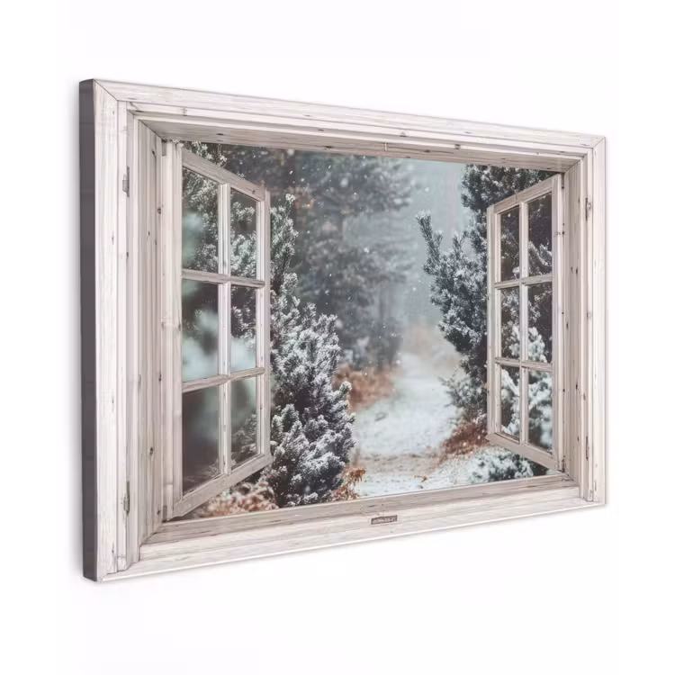 Buiten canvas - Bos - Winter - Bomen - Natuur - Pad - Doorkijk - Wit — 1