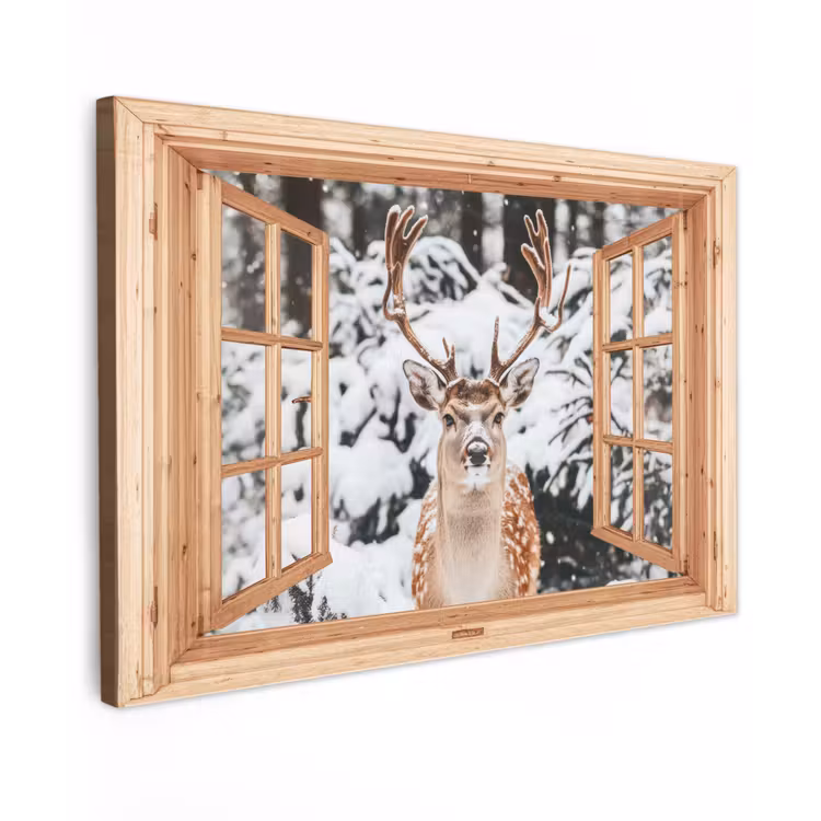 Buiten canvas - Doorkijk - Hert - Sneeuw - Winter - Bos - Dieren — 1