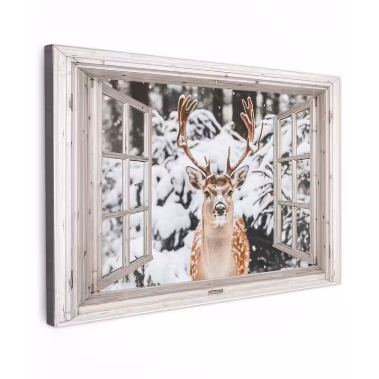 Buiten canvas - Doorkijk - Hert - Sneeuw - Winter - Bos - Dieren - Natuur — 1