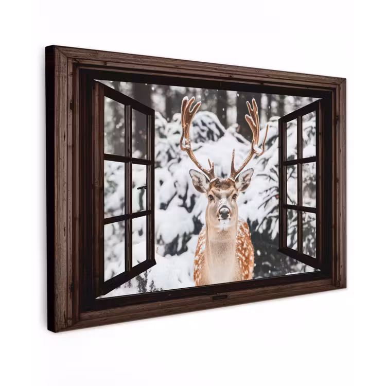 Buiten canvas - Hert - Sneeuw - Winter - Bos - Dieren - Doorkijk — 1