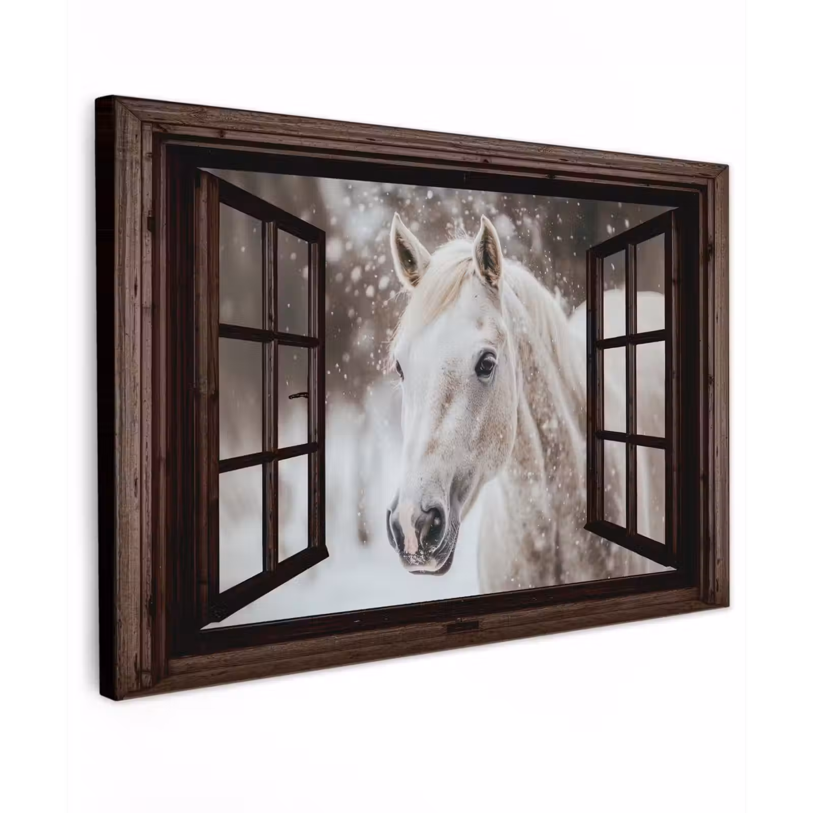 Buiten canvas - Doorkijk - Paard - Wit - Winterlandschap - Sneeuw — 1