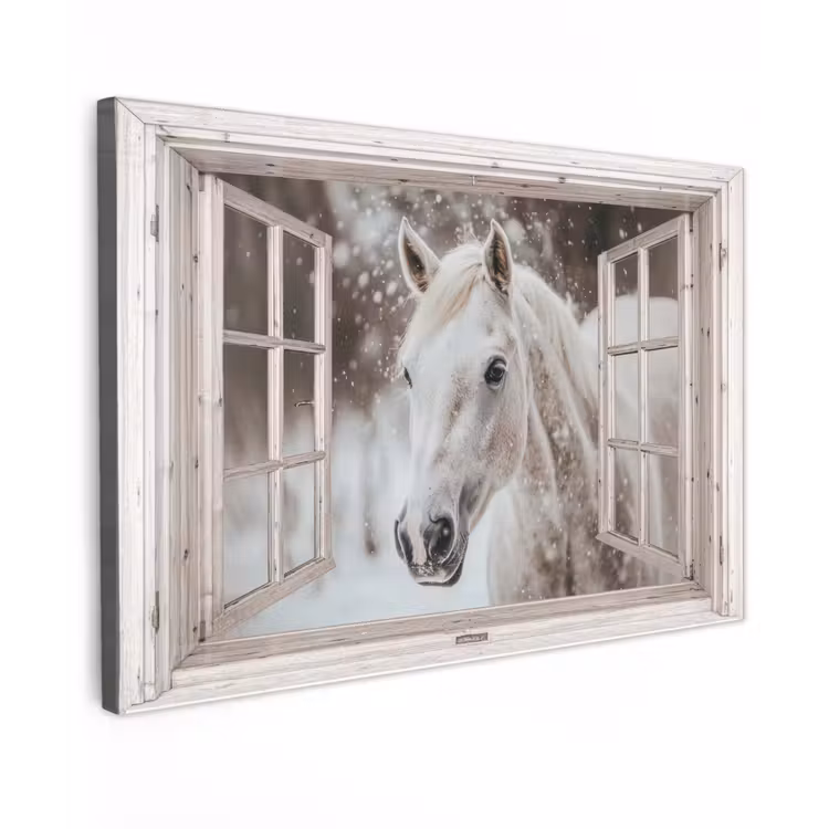Buiten canvas - Paard - Wit - Winter - Sneeuw - Doorkijk - Dieren — 1
