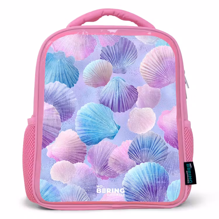 Rugzak kind - roze - Gekleurde schelpen op een paarse achtergrond — 1
