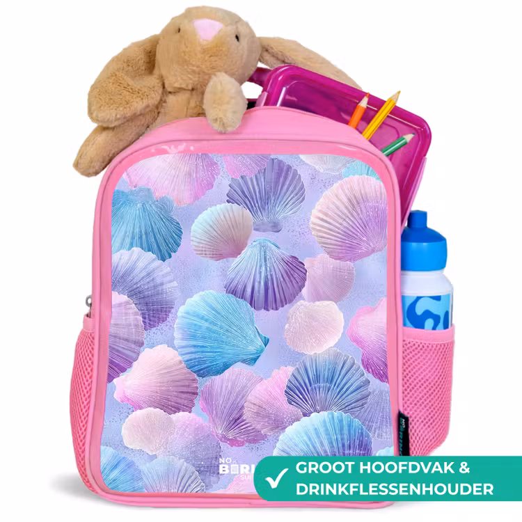 Rugzak kind - roze - Gekleurde schelpen op een paarse achtergrond — 2