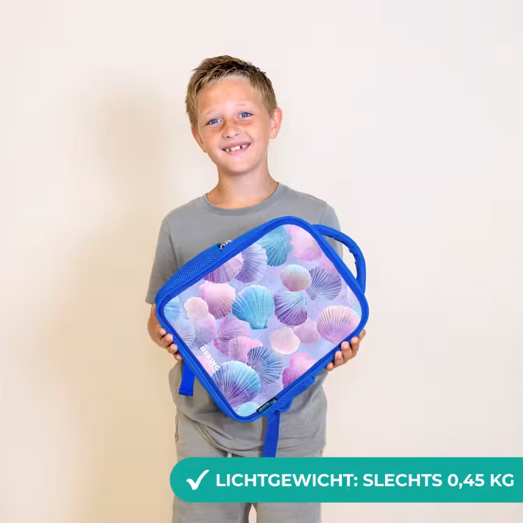 Rugzak kind - blauw - Gekleurde schelpen op een paarse achtergrond — 2