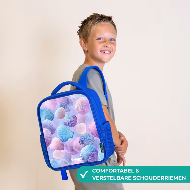 Rugzak kind - blauw - Gekleurde schelpen op een paarse achtergrond — 4