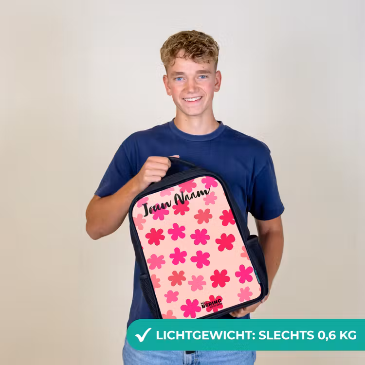 Kinderrugzak met naam - Zwart - Bloemen - Patroon - Roze — 2