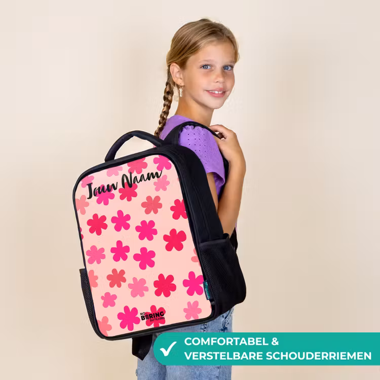 Kinderrugzak met naam - Zwart - Bloemen - Patroon - Roze — 3
