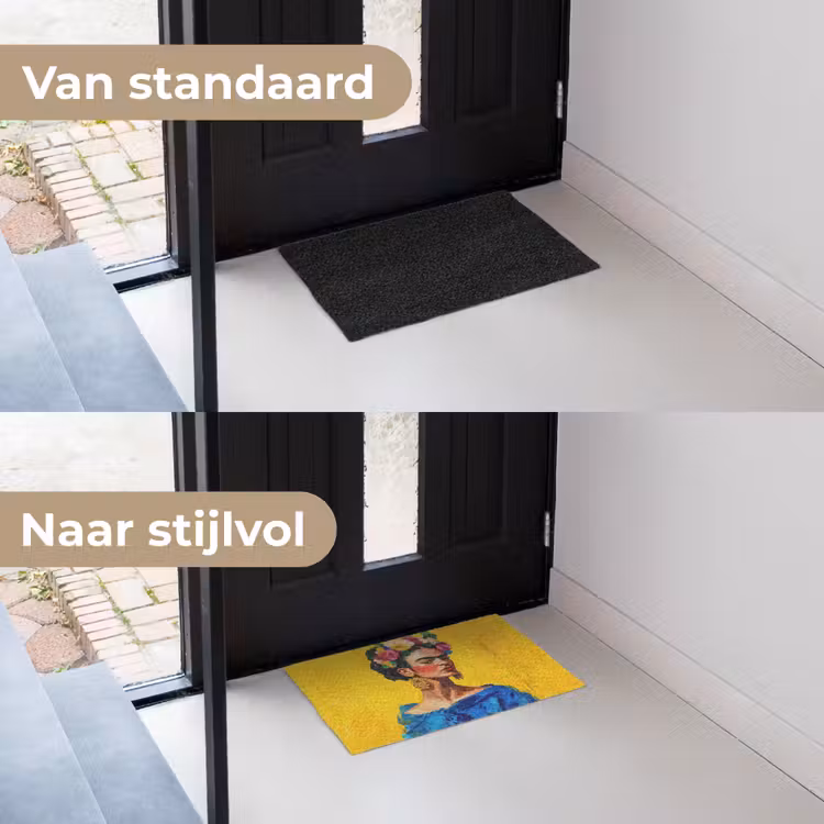 Deurmat - Frida Kahlo - Vrouw - Geel - Blauw - Bloemen — 3