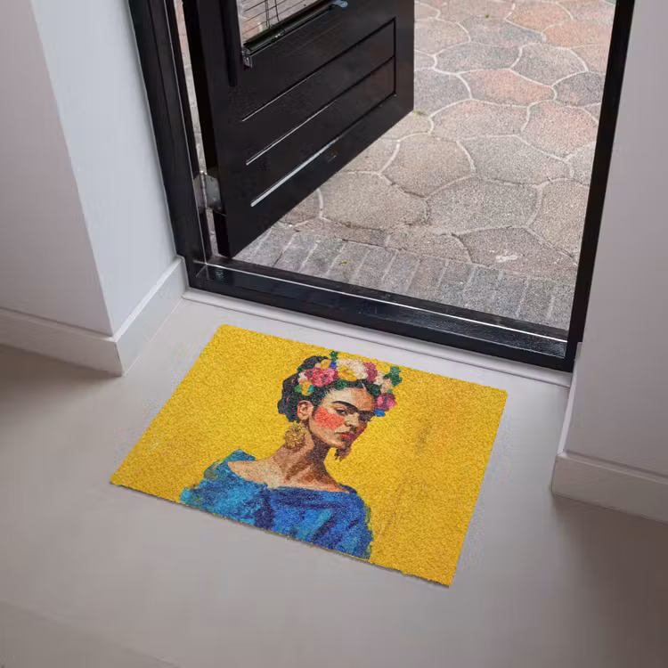 Deurmat - Frida Kahlo - Vrouw - Geel - Blauw - Bloemen — 4