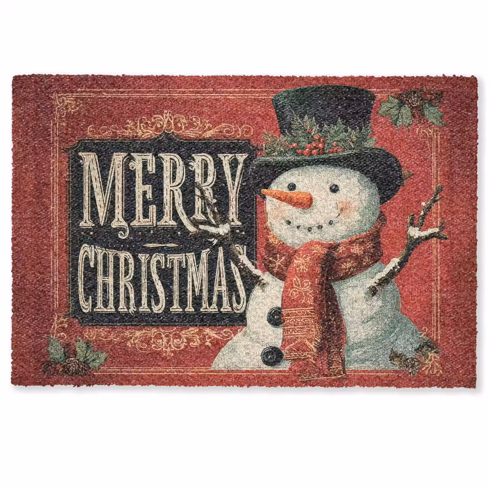 Deurmat - Klassiek - Kerstgroet - Sneeuwpop - Rood — 1