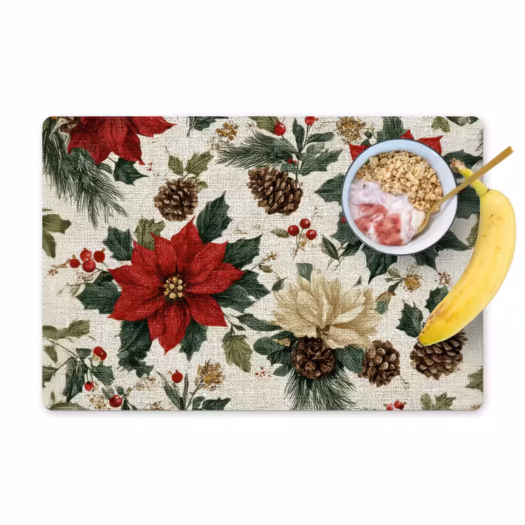 Placemat - 6 stuks - Feestelijk - Textielpatroon - Kerstbloemen - Kleurrijk — 1